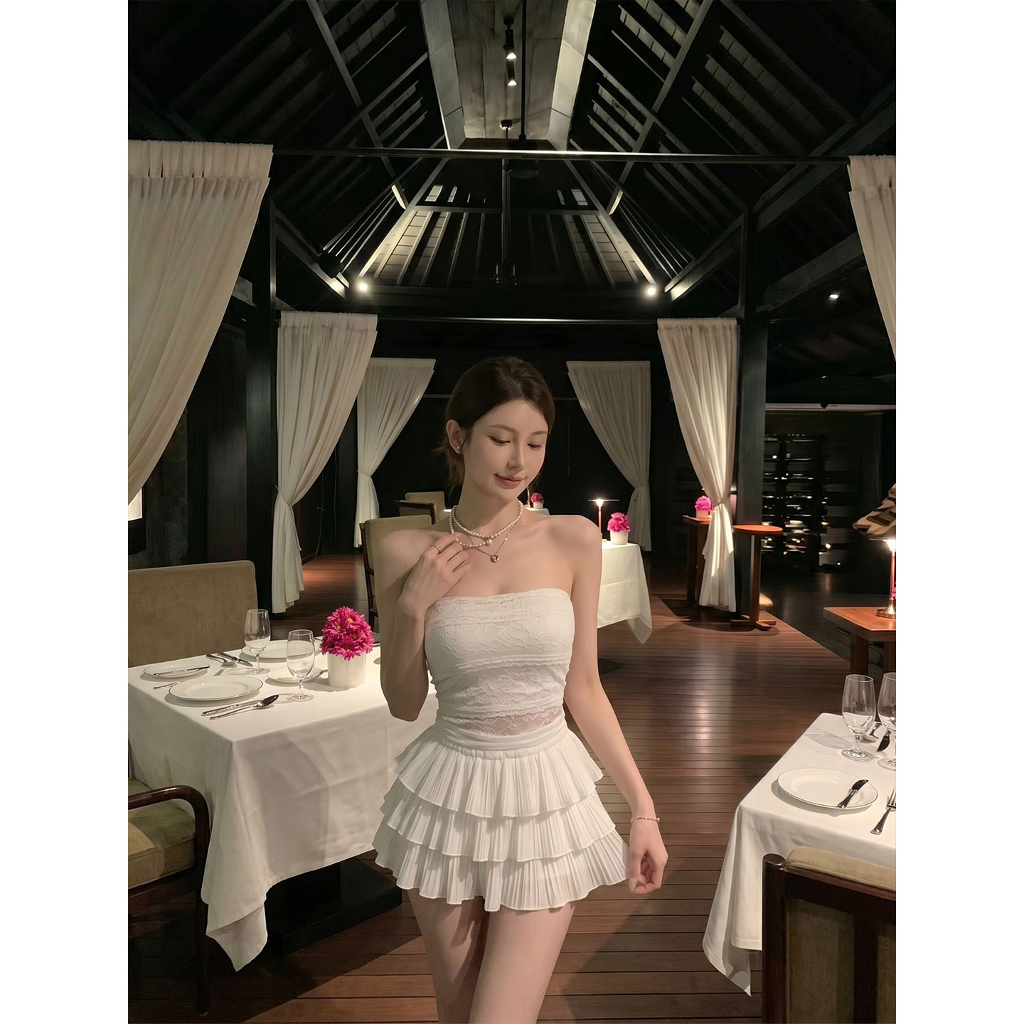 专柜正品法式白色蕾丝抹胸背心女夏外穿纯欲辣妹修身显瘦无袖上衣