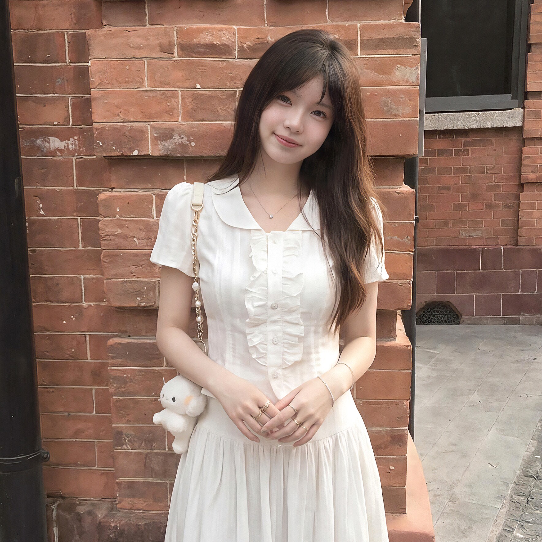 专柜正品纯白风娃娃领泡泡袖连衣裙女夏季收腰荷叶边少女套装夏日