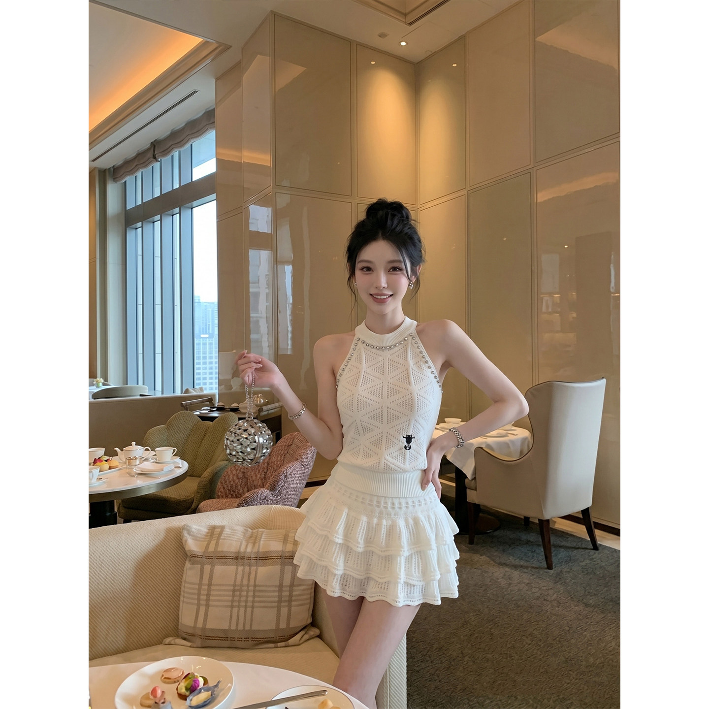 专柜正品法式甜妹风针织套装女夏挂脖镂空背心上衣蛋糕短裙两件套