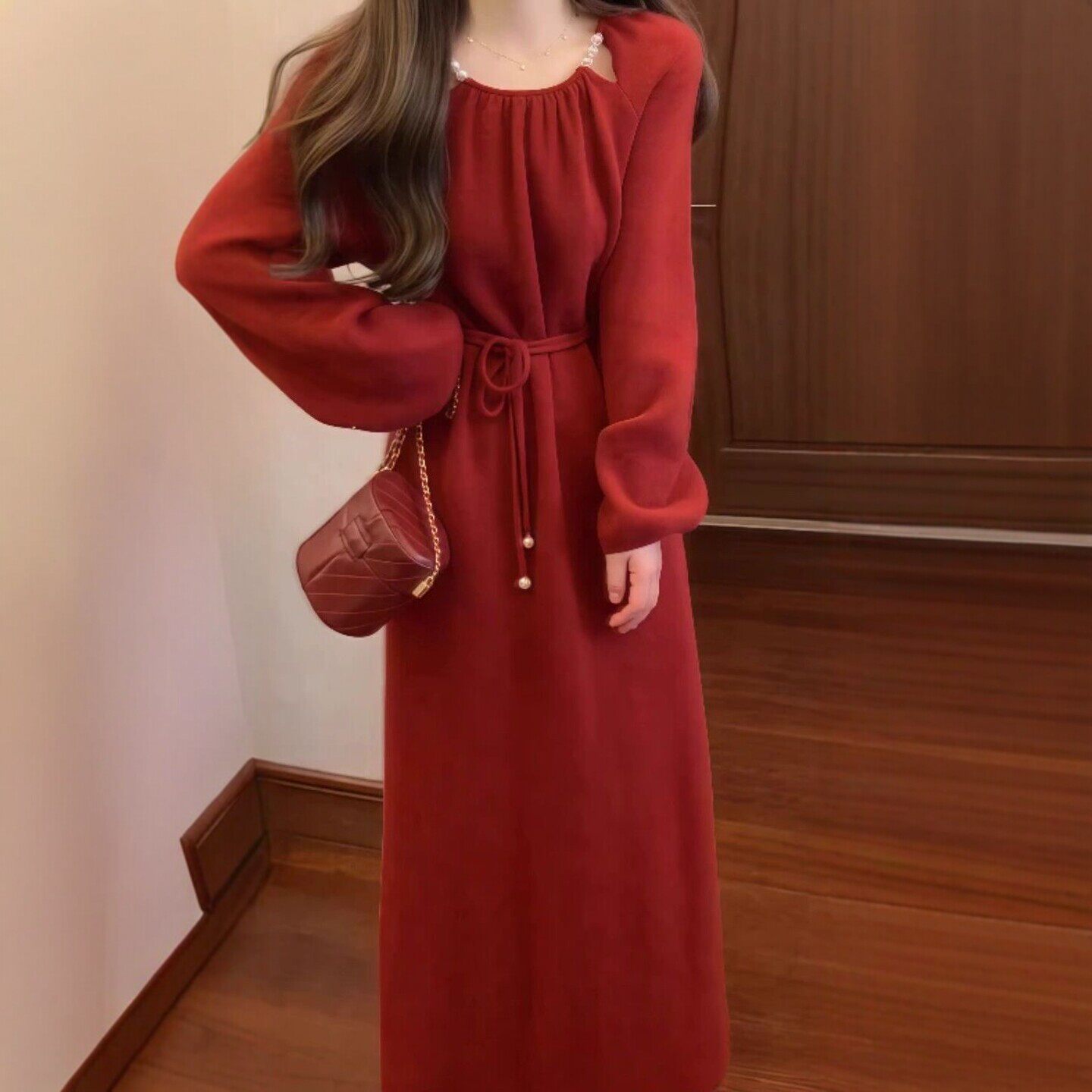 专柜正品红色系穿搭复古漂亮独特系带收腰显瘦连衣裙绝美不撞款裙