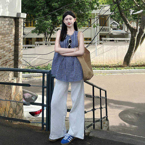 十三行正品韩系复古蓝白格子背心无袖上衣女设计感宽松显瘦系带娃
