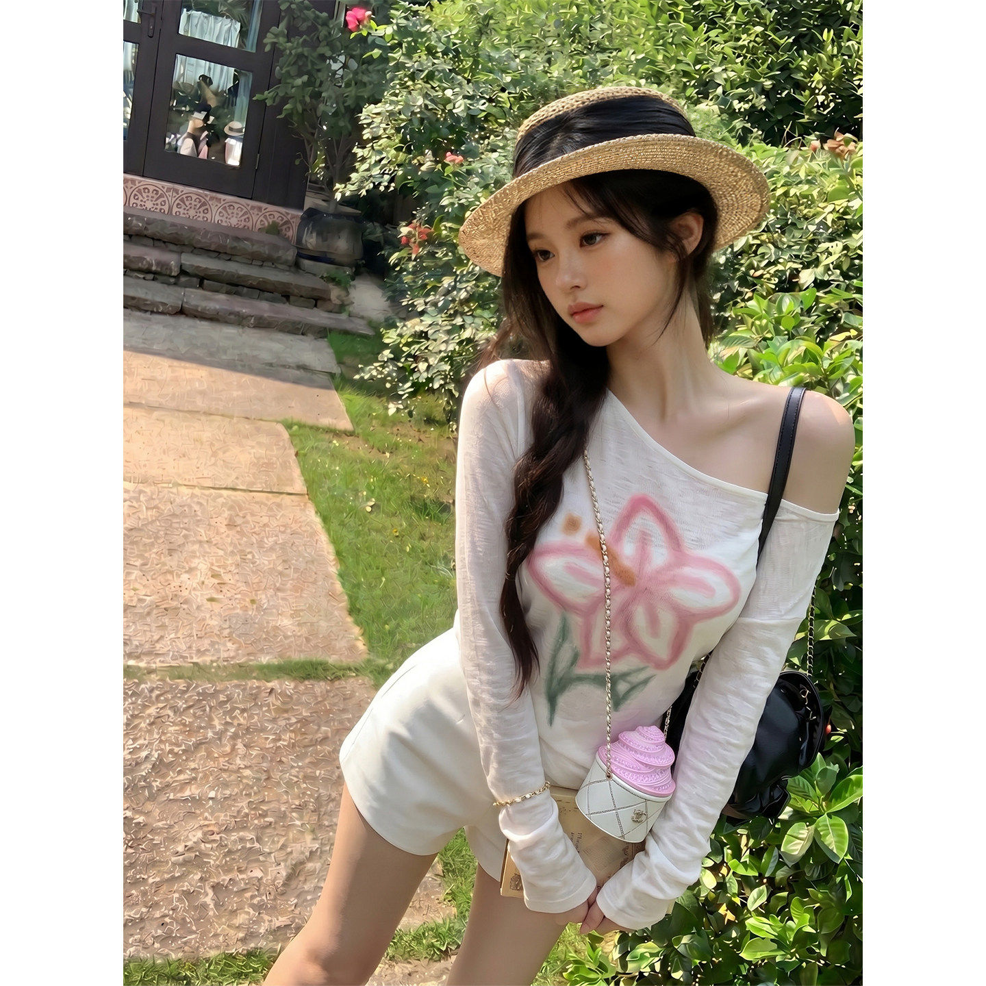 专柜正品小P衣白色花朵印花长袖t恤女夏薄款微透防晒罩衫显瘦百搭