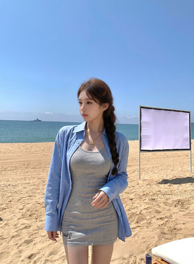 专柜正品韩系灰色吊带连衣裙女夏季慵懒风防晒衬衫包臀短裙两件套