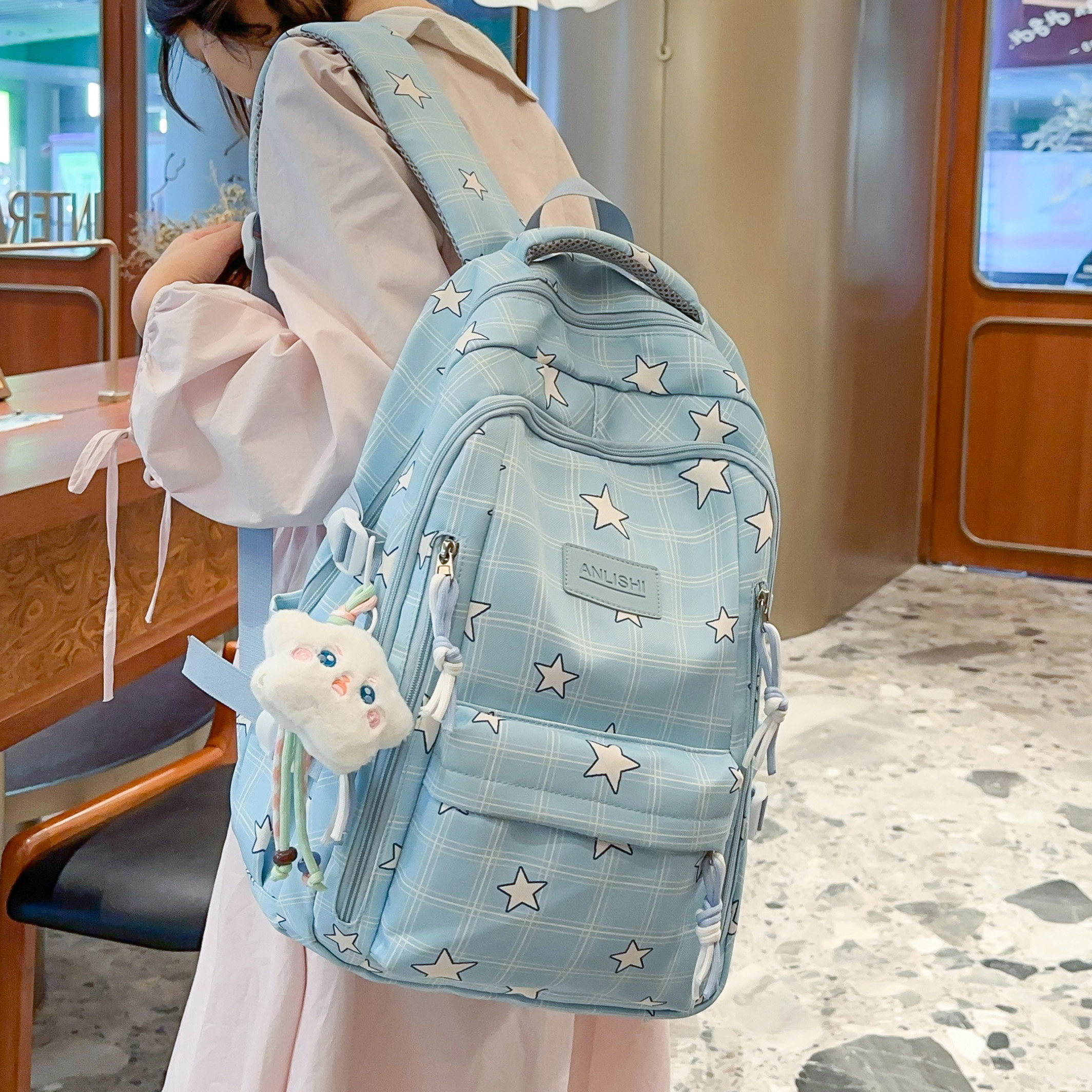 专柜正品休闲韩式双根字母女文艺风书包简约双肩包女轻便日系百搭