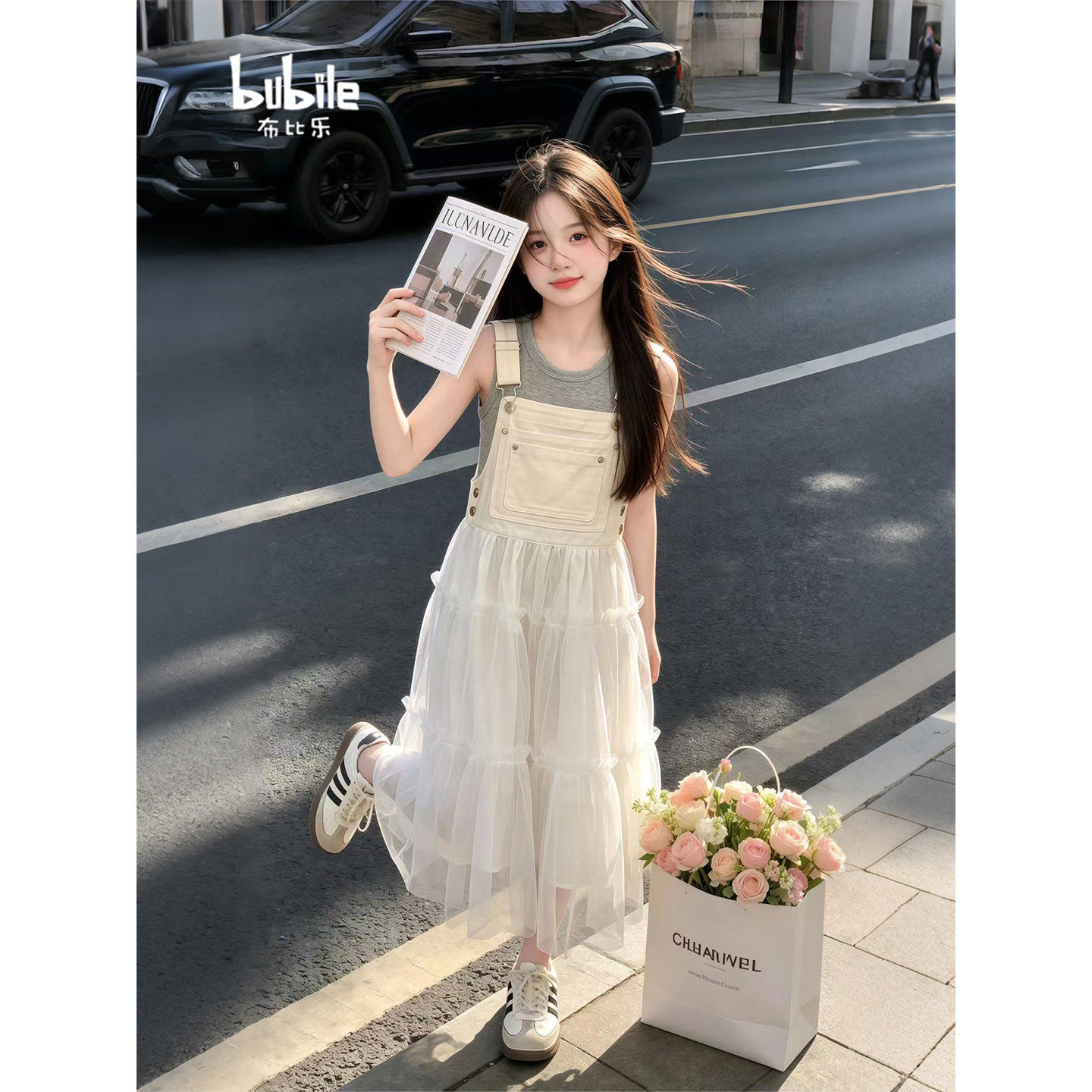 专柜正品女童温柔甜美风连衣裙2026夏季新款中大童荷叶边白色背带