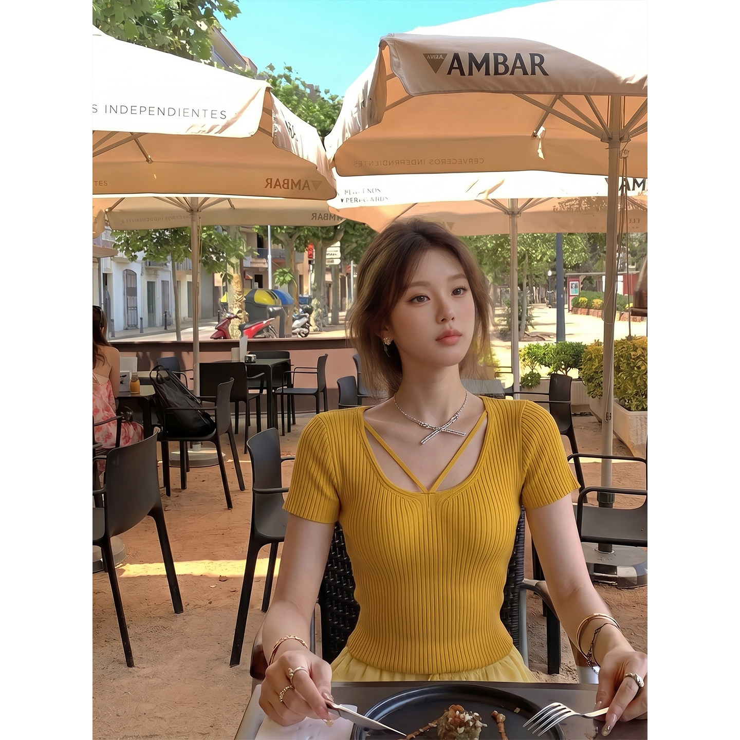 专柜正品黄色正肩u领短袖针织衫女夏季薄款辣妹短款修身显瘦小上