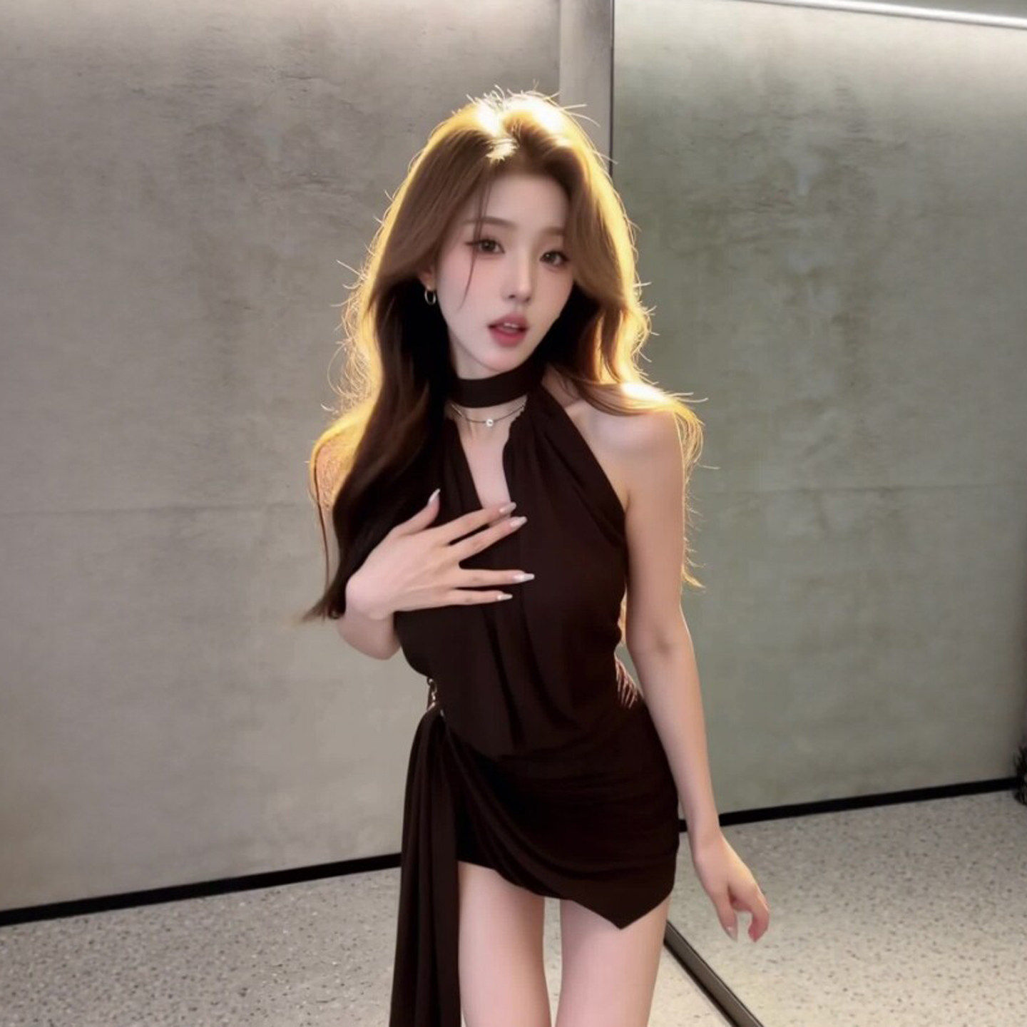 专柜正品御姐千金风咖色无袖挂脖连衣裙女2026夏季新款性感礼服包