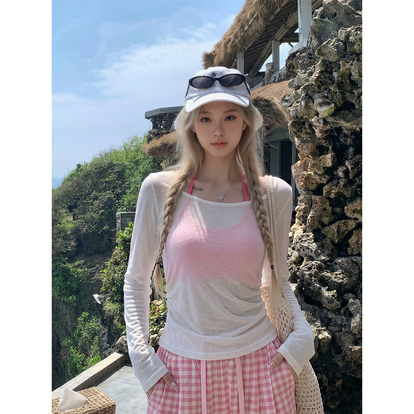 专柜正品白色薄款长袖防晒t恤女夏季纯欲挂脖叠穿小吊带上衣两件
