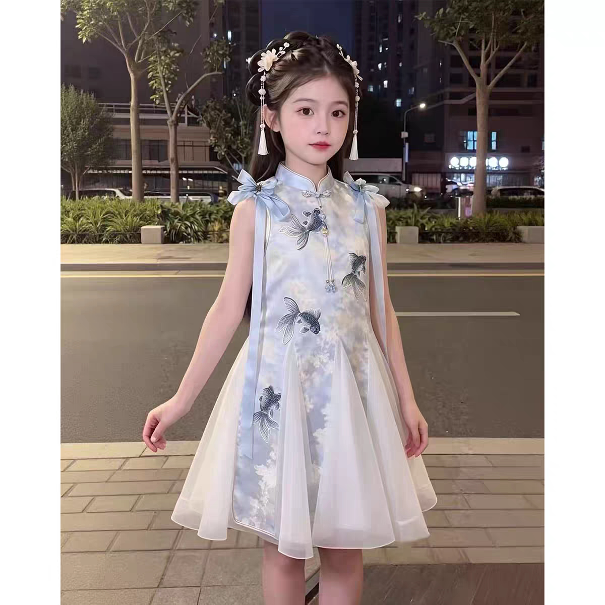 专柜正品女童新中式连衣裙夏季女孩超好看无袖中长裙旗袍裙表演服