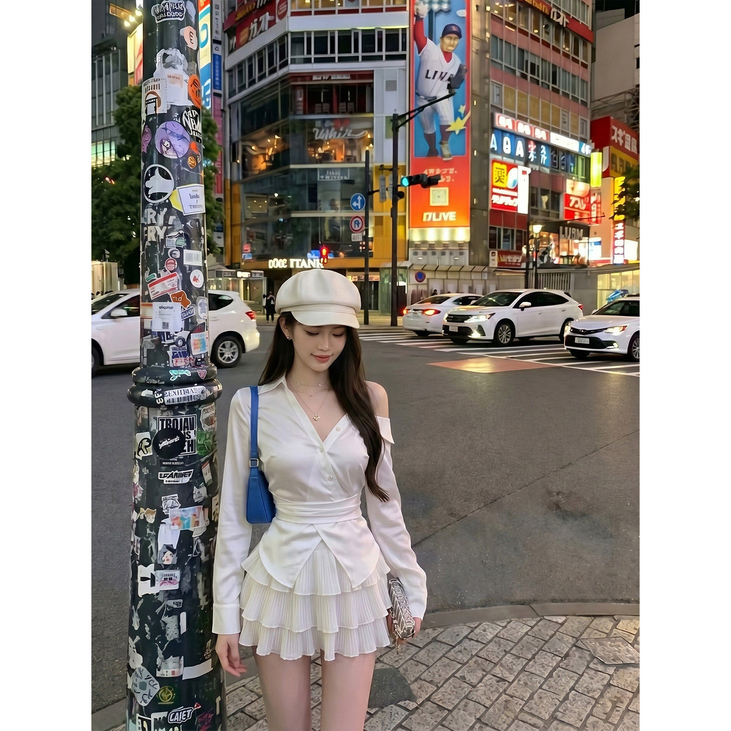 专柜正品法式斜肩v领白衬衣女夏季设计感收腰显瘦辣妹露肩长袖上