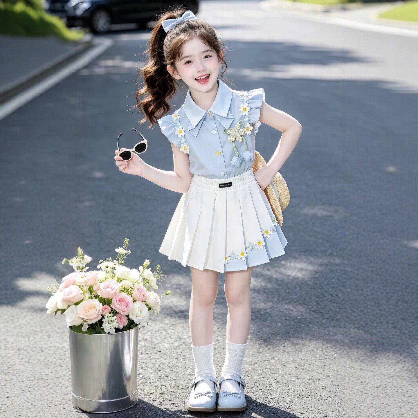 专柜正品女童夏季连衣裙韩版2026新款儿童花朵衬衫百褶裙两件套学