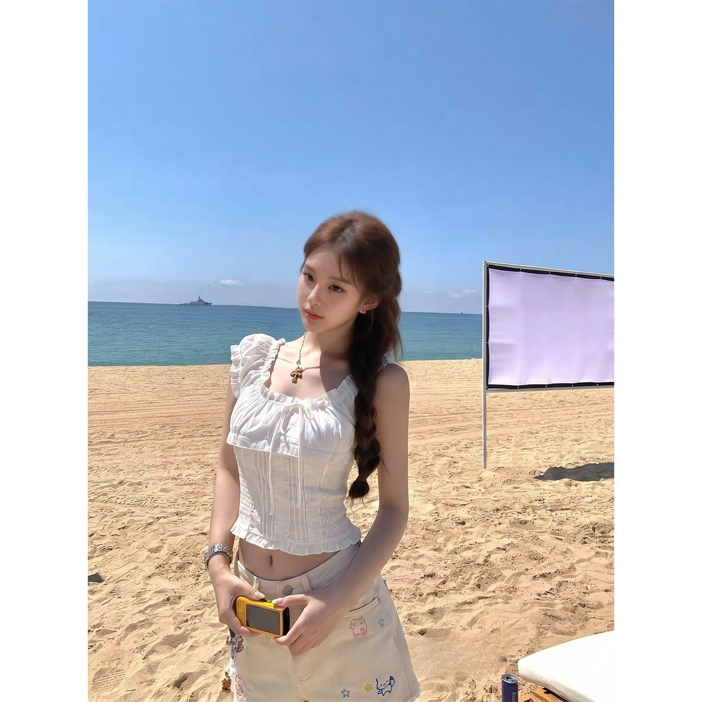 专柜正品法式方领泡泡袖白衬衣女夏季气质小衫修身显瘦木耳边上衣