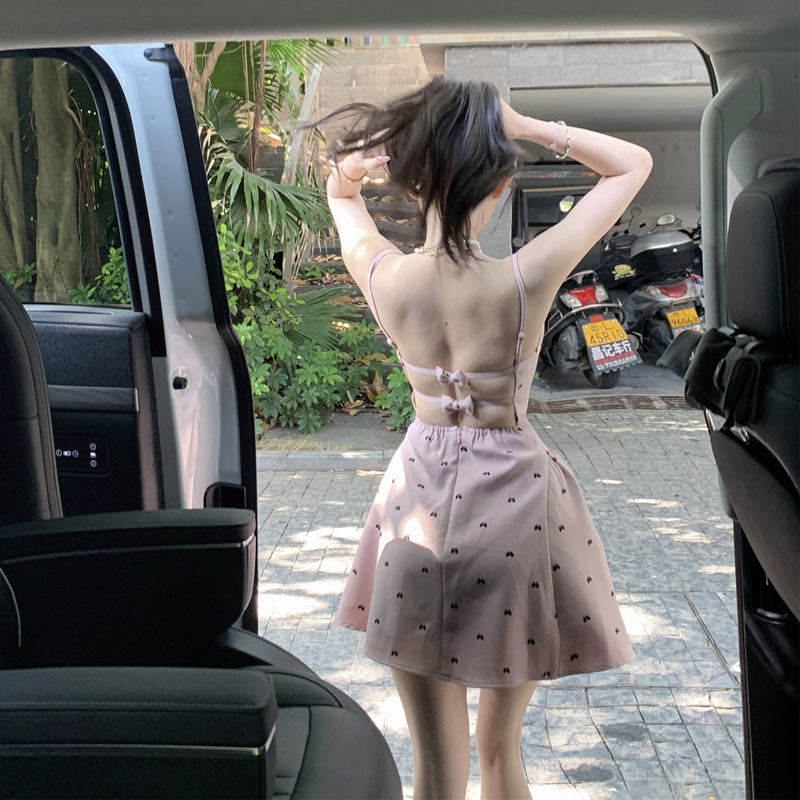 专柜正品法式超好看独特漂亮碎花连衣裙名媛气质性感露背收腰吊带