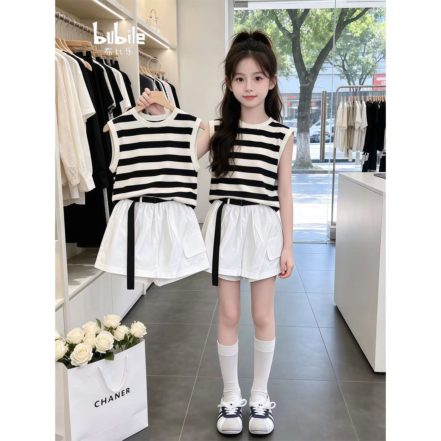 专柜正品女童夏套装2026新款儿童休闲条纹背心裙裤两件套夏季女孩