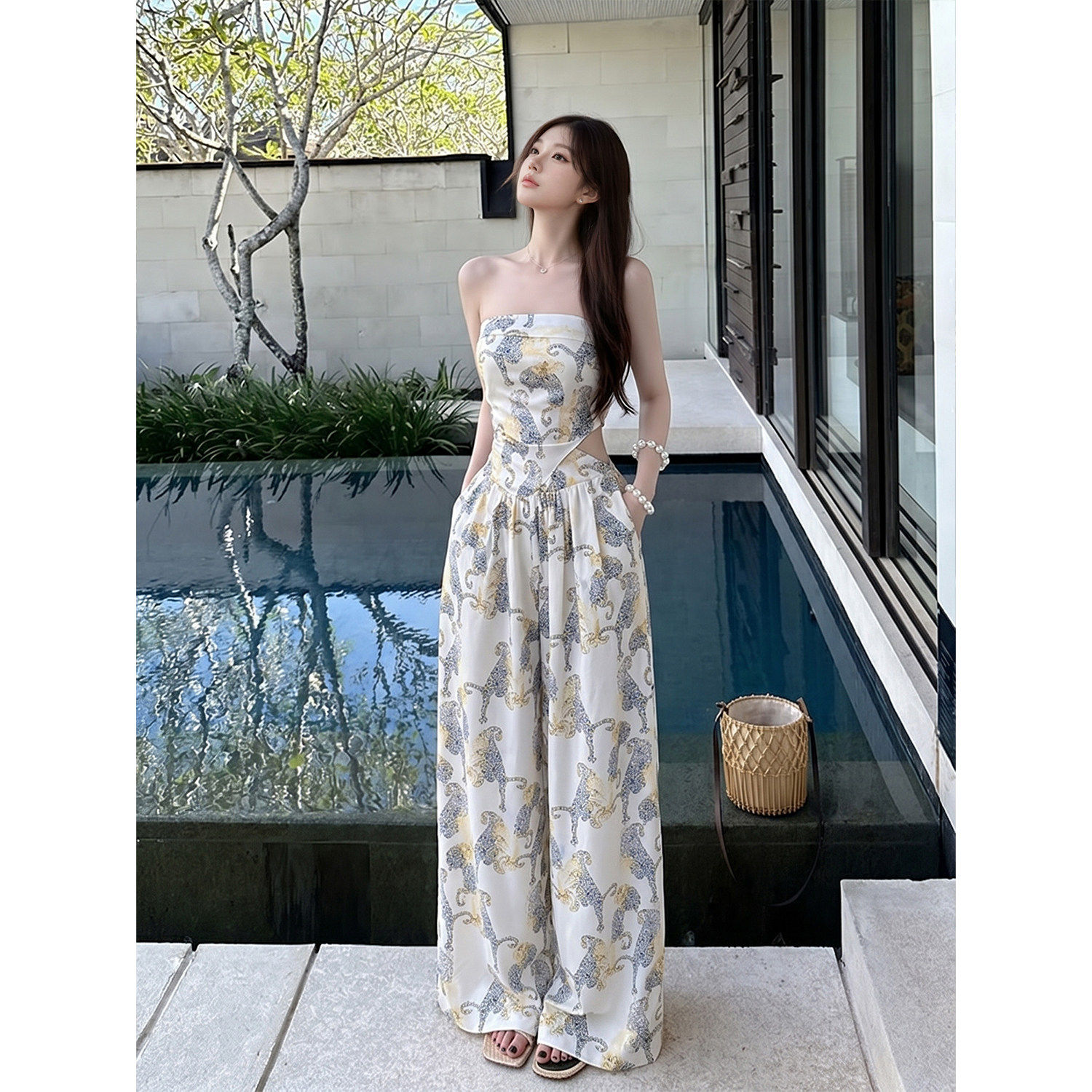 十三行正品法式气质名媛套装裤女夏季抹胸背心阔腿长裤高级感两件