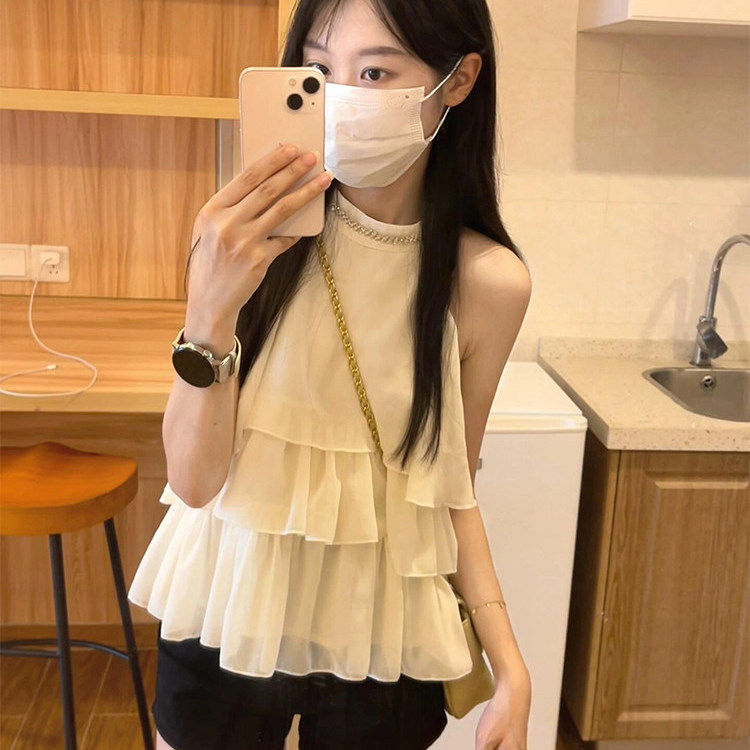 专柜正品富家千金荷叶边绝美无袖上衣女夏季温柔甜美宽松挂脖吊带
