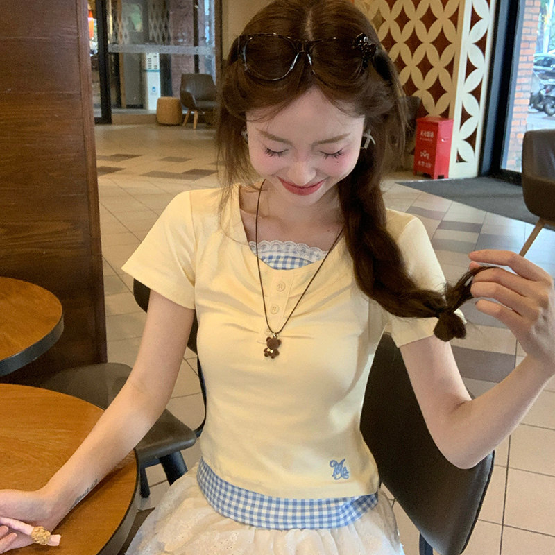 专柜正品韩系假两件蕾丝拼接短袖T恤女夏格子拼接修身显瘦上衣