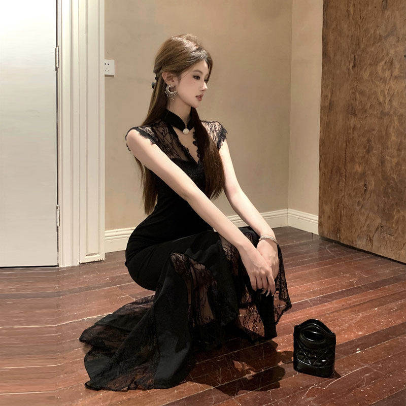 十三行正品新中式国风改良旗袍御姐风性感蕾丝紧身包臀鱼尾连衣裙