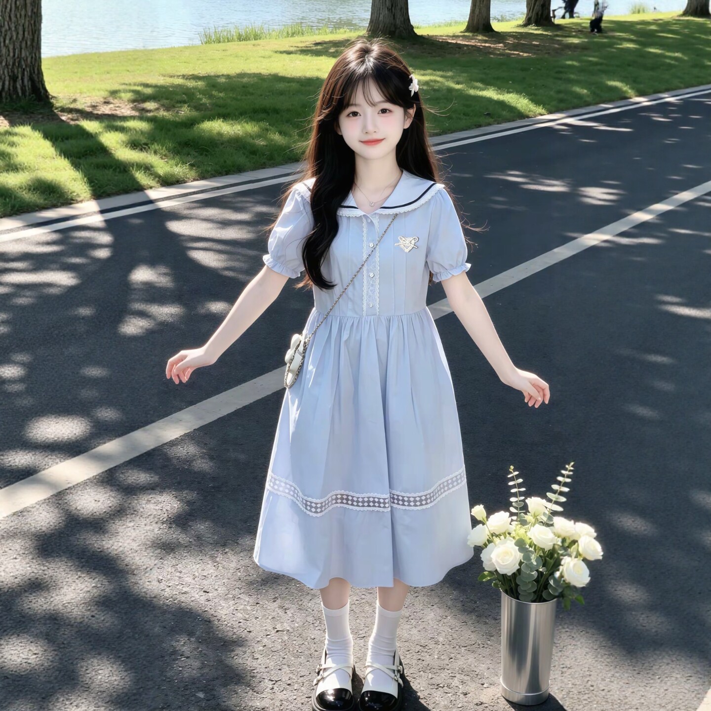 专柜正品女童学院风连衣裙夏季2026新款儿童甜美少女中长裙大童娃