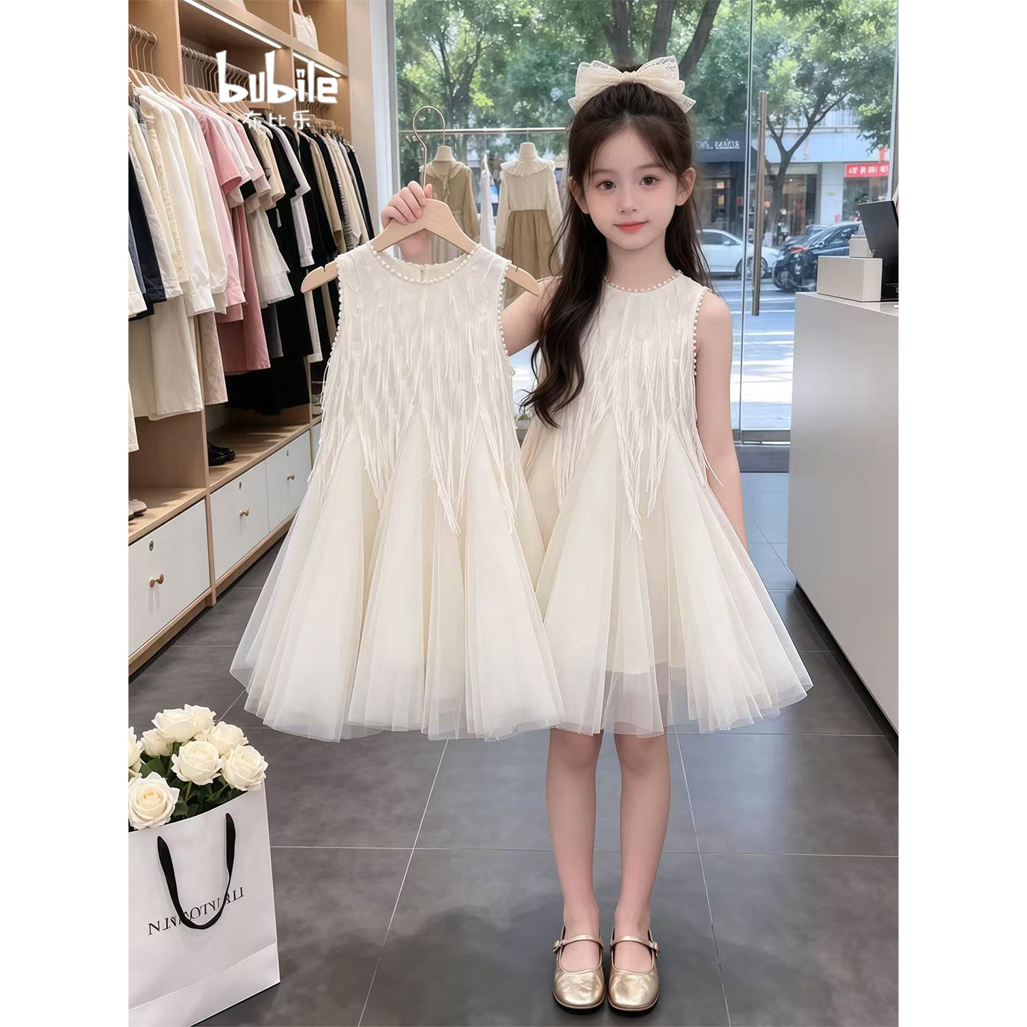 专柜正品女童公主裙夏季小女孩连衣裙2026儿童珍珠流苏背心裙礼服