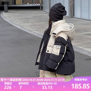 2024年冬季新款羽绒服韩版男童女童连帽短款加厚白鸭绒拼色工装潮