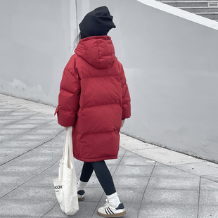 韩国儿童羽绒服2025新款中长款加厚连帽外套时尚百搭白鸭绒面包服