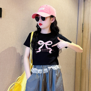 女童甜美韩系上衣夏季 2025新款 女大童洋气蝴蝶结t恤儿童夏日短袖