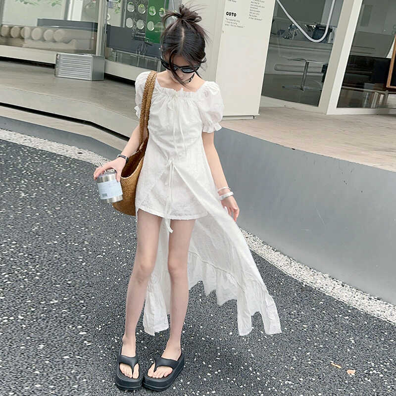 女童连衣裙2025夏装礼服中大童短袖不规则前短后长燕尾裙子