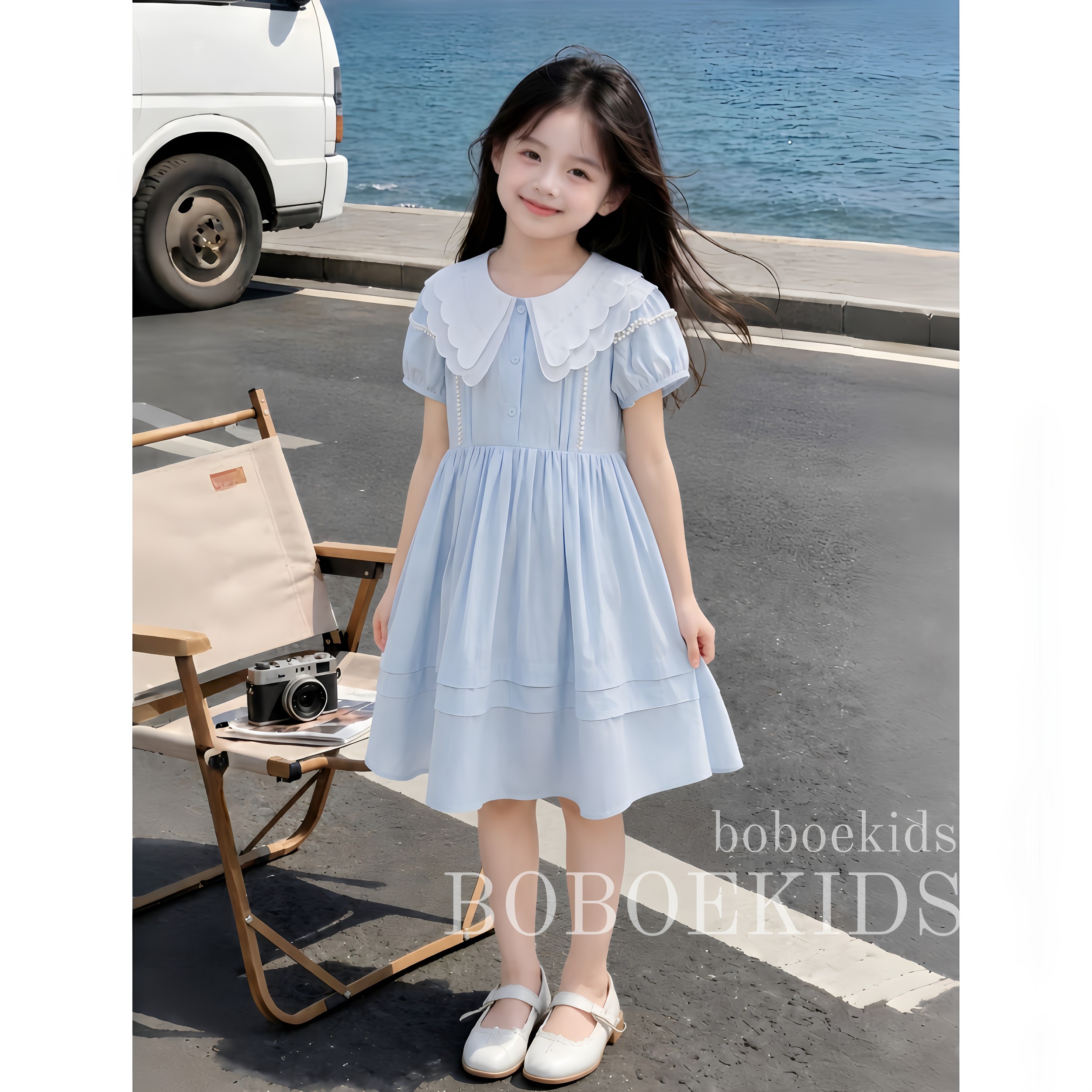 专柜高端女童连衣裙夏季2026新款纯色娃娃领公主裙中大童夏装泡泡