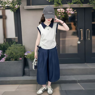 套装 2025新款 女大童POLO衫 夏季 两件套 儿童休闲夏装 女孩牛仔阔腿裤