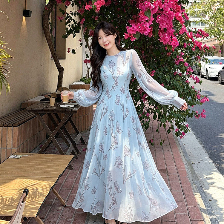 专柜高端韩系浅蓝色圆领长袖印花连衣裙女秋季新款减龄收腰A字洋