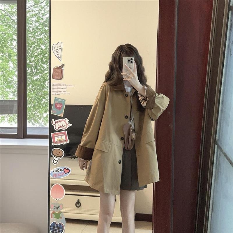 美式复古小个子翻领风衣外套女韩版宽松巨好看卡其色短款大衣秋冬