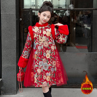 女孩加绒汉服连衣裙拜年服 女大童中国风旗袍公主裙冬装 2025新款