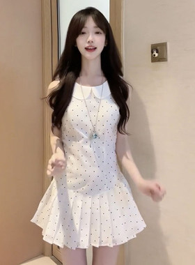法式初恋白色波点娃娃领连衣裙女减龄显瘦小个子无袖百褶短裙夏季