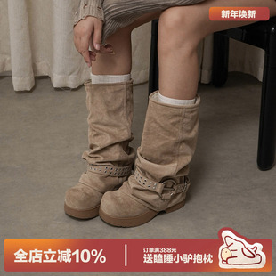 多嘴驴Donkey堆堆靴女冬褶皱裤 管靴复古西部牛仔靴两穿美拉德长靴