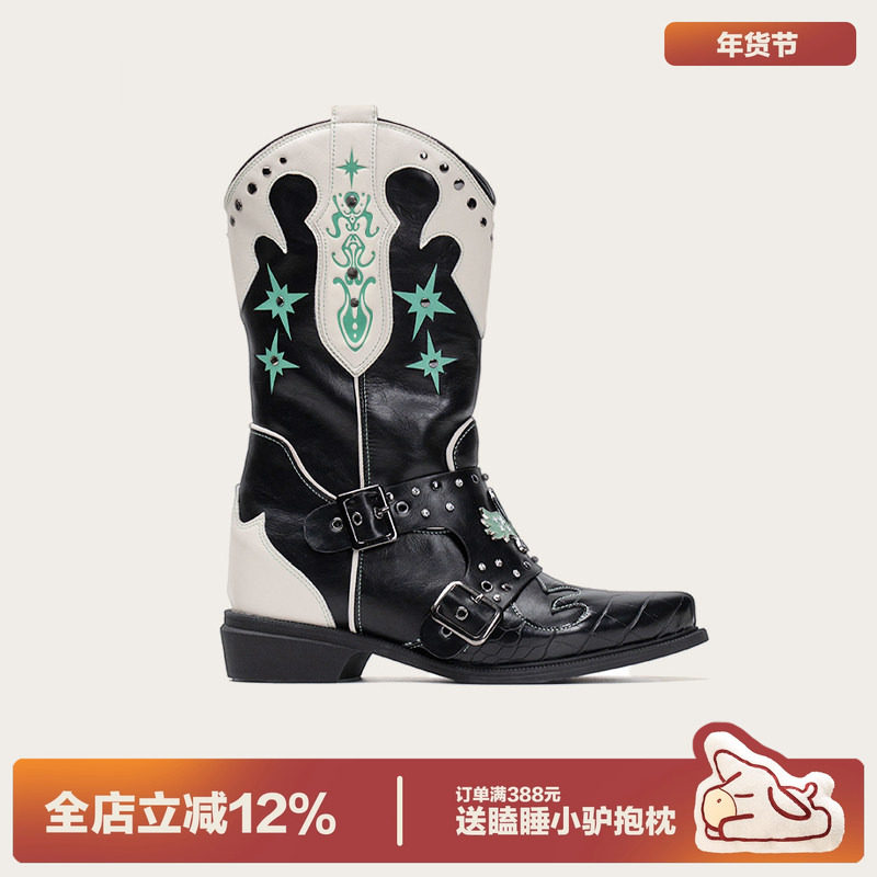 多嘴驴Donkey黑白色V口短靴女冬厚底长筒靴西部靴拼色尖头骑士靴,女鞋,时装靴,淘宝优惠券,粉丝福利购,淘宝优惠卷