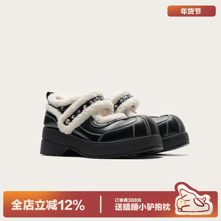 多嘴驴Donkey加绒厚底玛丽珍女款冬季保暖增高黑色小皮鞋毛毛棉鞋