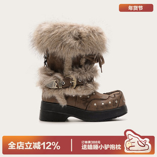 多嘴驴Donkey毛绒中筒靴女冬季厚底加绒雪地靴防滑保暖增高短靴子