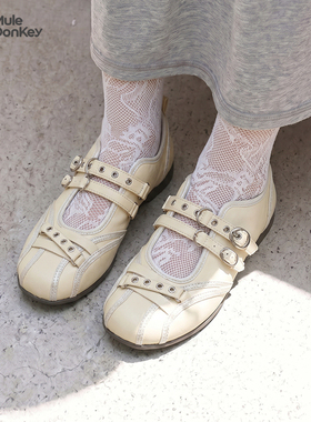 多嘴驴Donkey黄色玛丽珍单鞋女夏季休闲鞋甜美双扣带好看的芭蕾鞋