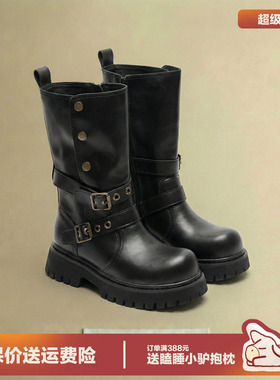 多嘴驴Donkey厚底中筒靴女冬季粗跟长靴黑色翻领机车皮带扣骑士靴
