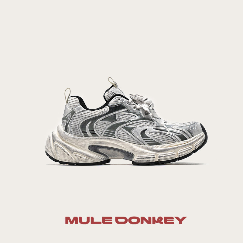 多嘴驴Donkey复古银色老爹鞋女网面透气休闲鞋厚底增高做旧运动鞋