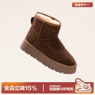 多嘴驴Donkey厚底加绒雪地靴女冬季 中筒保暖防滑短靴棕色面包棉鞋