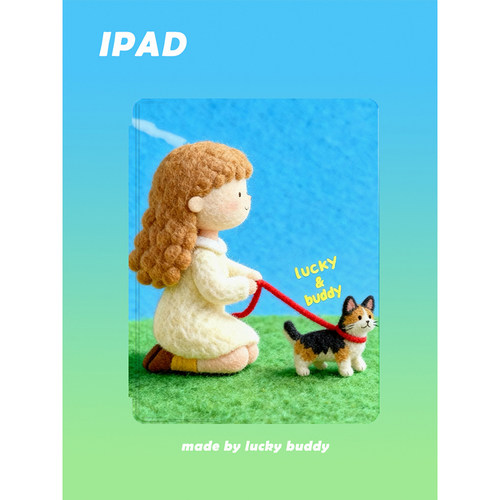 2025年13寸ipad保护套插画毛毡女孩小猫原创适用苹果12.9Pro110.9.7air5mini610.5笔槽亚克力硬壳磁吸360旋转