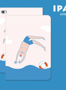 第2件半价原创插画iPad保护壳夏天跳水苹果三折360旋转亚克力笔槽pro13寸112.9air610.9mini磁吸平板套华为壳