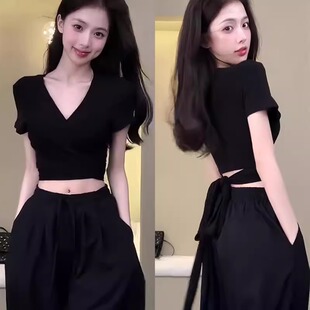 辣妹性感领后背露腰绑带短袖恤夏季新款女装短款修身显瘦小上衣