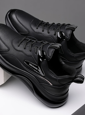 春季透气软底皮面运动休闲鞋子男士厚底舒适上班工作全黑色潮男鞋