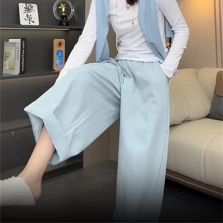 糖果色冰丝阔腿松紧直筒裤女2026夏季新款百搭宽松舒适九分休闲裤