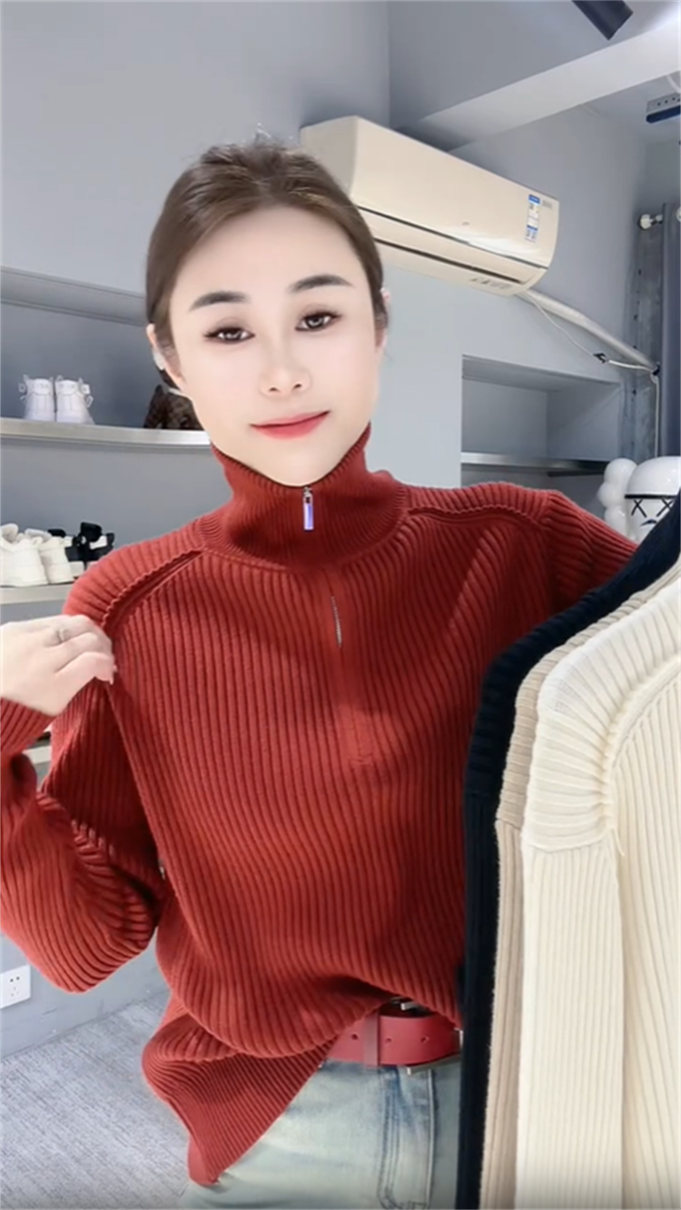半拉链坑条针织上衣纯色高领毛衣