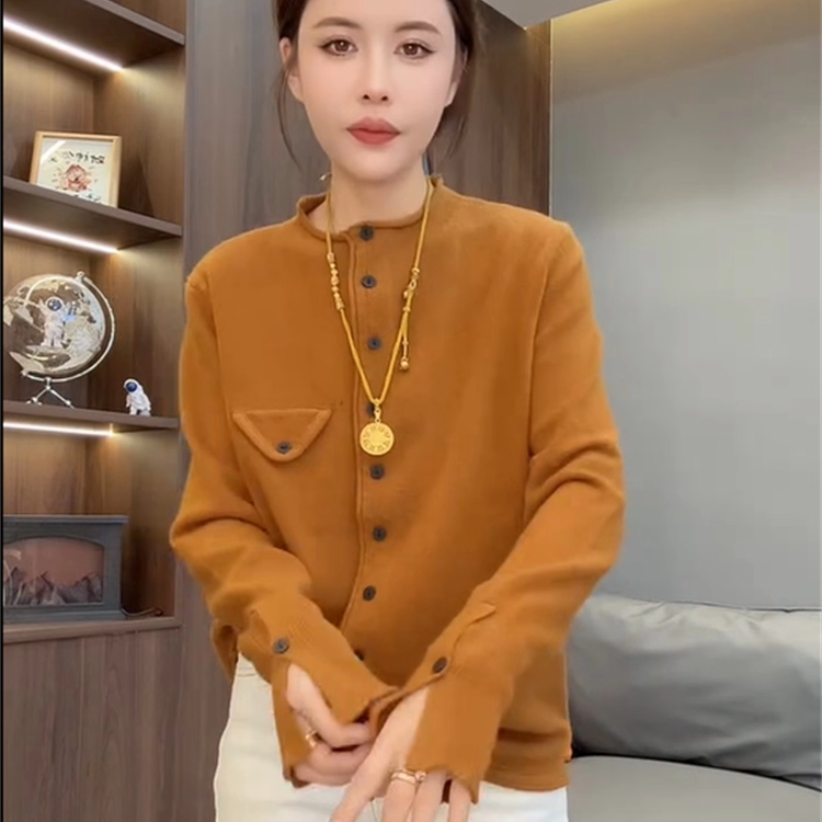 时尚百搭纯色单排扣针织开衫女