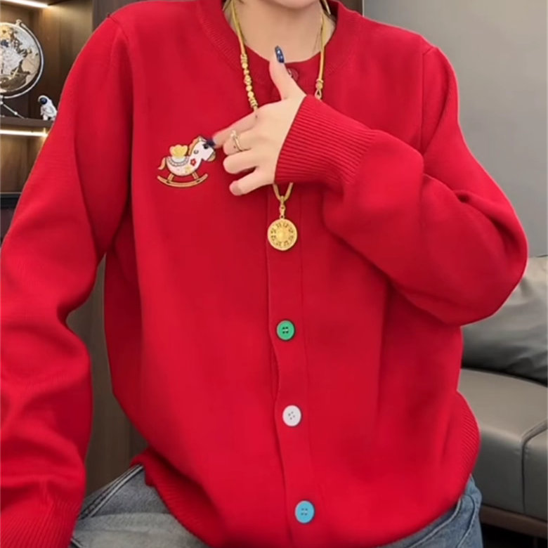 卡通刺绣小马圆领彩扣针织开衫女2025秋冬新款休闲显瘦外套上衣潮